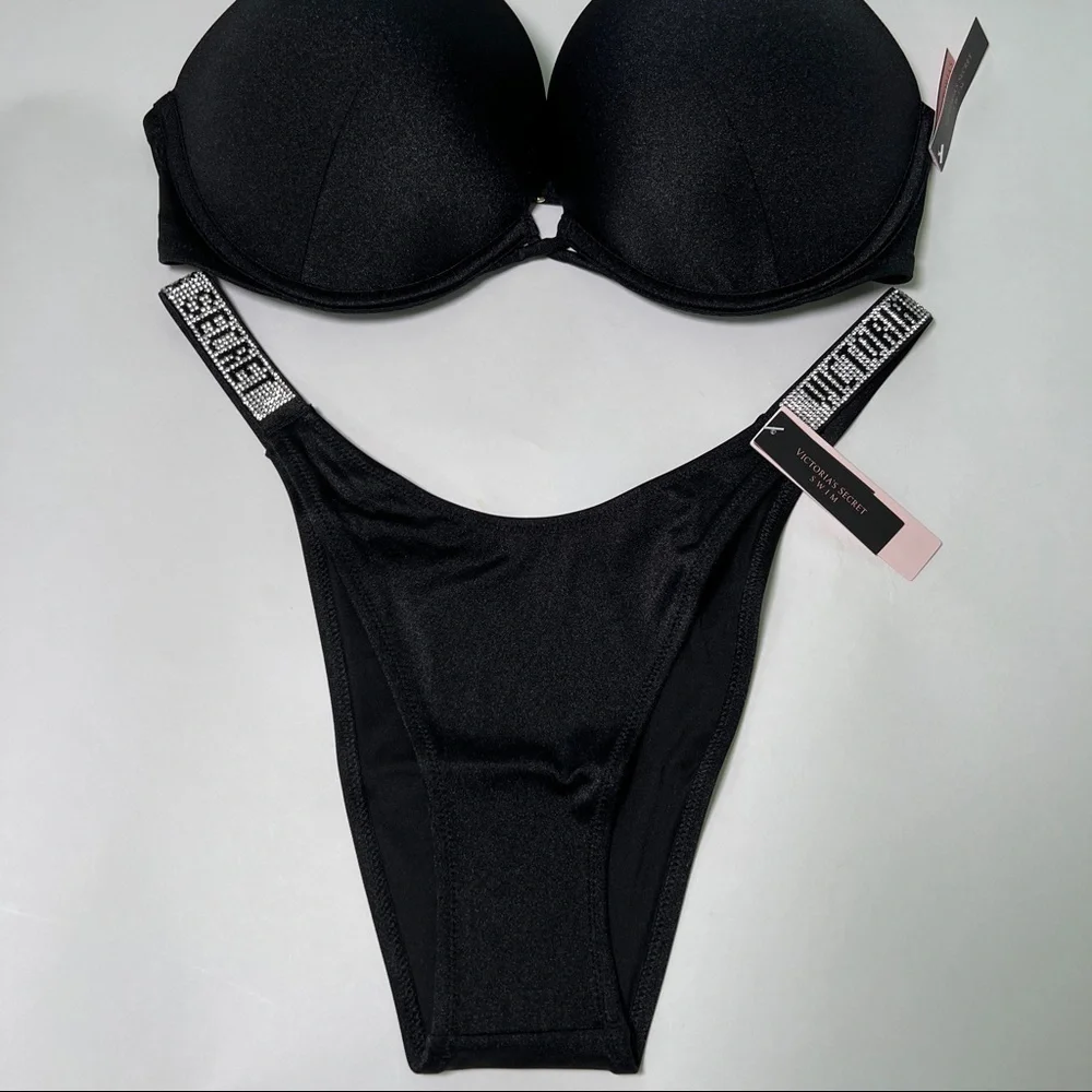 Victoria Secret 34A S Bombshell Push Up Top Bikini Set Shine Strap LOGO Black
